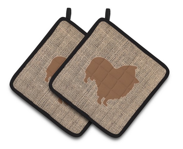Picture of Carolines Treasures BB1080-BL-BN-PTHD Sheltie Faux Burlap & Brown Pair of Pot Holders, 7.5 x 3 x 7.5 in.