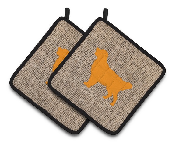 Picture of Carolines Treasures BB1085-BL-OR-PTHD Golden Retriever Faux Burlap & Orange Pair of Pot Holders, 7.5 x 3 x 7.5 in.