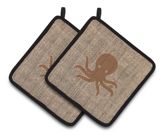 Picture of Carolines Treasures BB1090-BL-BN-PTHD Octopus Faux Burlap & Brown Pair of Pot Holders, 7.5 x 3 x 7.5 in.