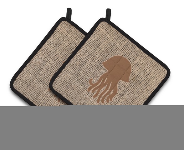 Picture of Carolines Treasures BB1091-BL-BN-PTHD Jellyfish Faux Burlap & Brown Pair of Pot Holders, 7.5 x 3 x 7.5 in.
