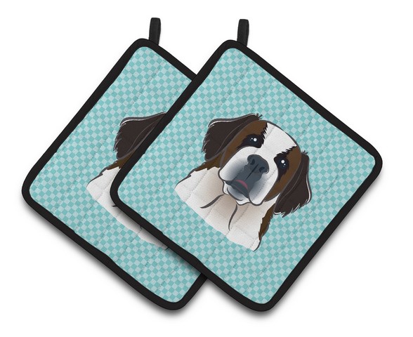 Picture of Carolines Treasures BB1184PTHD Checkerboard Blue Saint Bernard Pair of Pot Holders, 7.5 x 3 x 7.5 in.