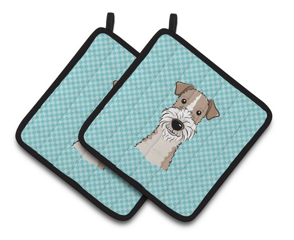 Picture of Carolines Treasures BB1185PTHD Checkerboard Blue Wire Haired Fox Terrier Pair of Pot Holders, 7.5 x 3 x 7.5 in.