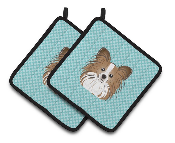 Picture of Carolines Treasures BB1186PTHD Checkerboard Blue Papillon Pair of Pot Holders, 7.5 x 3 x 7.5 in.