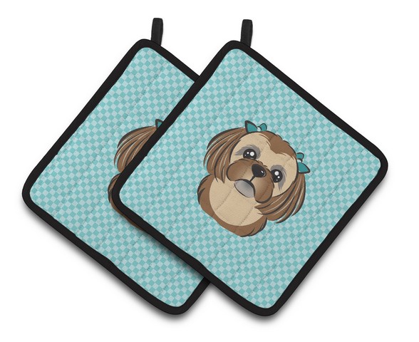 Picture of Carolines Treasures BB1187PTHD Checkerboard Blue Chocolate Brown Shih Tzu Pair of Pot Holders, 7.5 x 3 x 7.5 in.