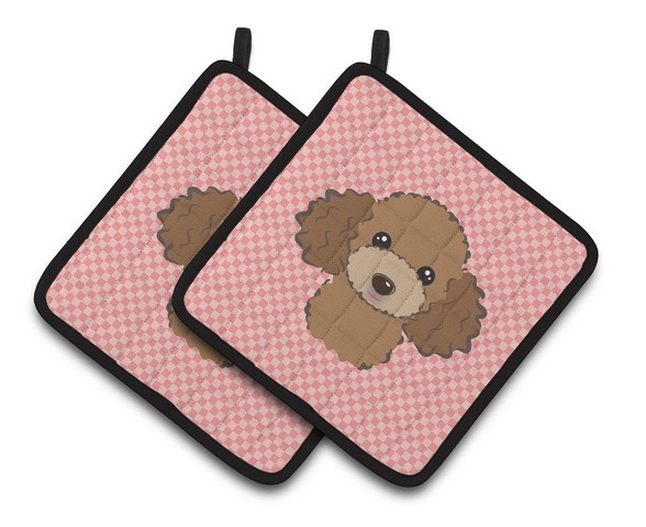 Picture of Carolines Treasures BB1256PTHD Checkerboard Pink Chocolate Brown Poodle Pair of Pot Holders, 7.5 x 3 x 7.5 in.