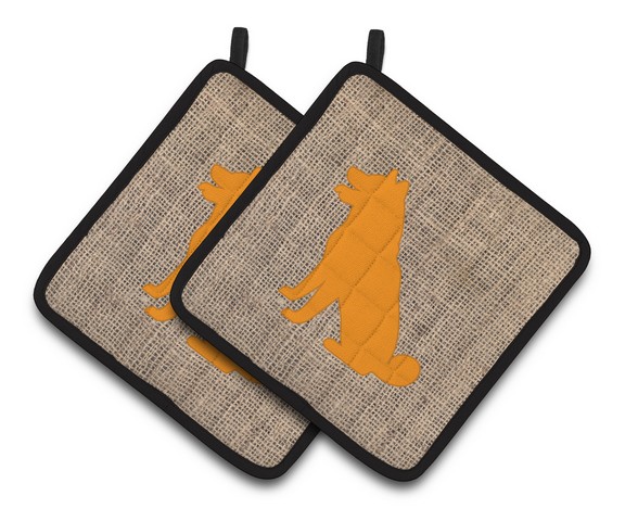 Picture of Carolines Treasures BB1113-BL-OR-PTHD Shiba Inu Faux Burlap & Orange Pair of Pot Holders, 7.5 x 3 x 7.5 in.