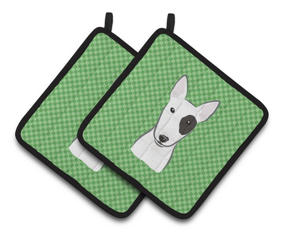 Picture of Carolines Treasures BB1132PTHD Green Checkered Bull Terrier Pair of Pot Holders, 7.5 x 3 x 7.5 in.