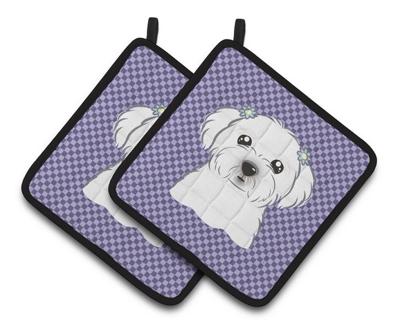 Picture of Carolines Treasures BB1134PTHD Purple Checkered Maltese Pair of Pot Holders, 7.5 x 3 x 7.5 in.