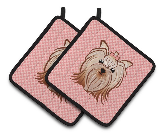 Picture of Carolines Treasures BB1138PTHD Pink Checkered Yorkie & Yorkshire Terrier Pair of Pot Holders, 7.5 x 3 x 7.5 in.