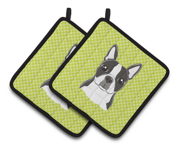 Picture of Carolines Treasures BB1139PTHD Lime Checkered Boston Terrier Pair of Pot Holders, 7.5 x 3 x 7.5 in.