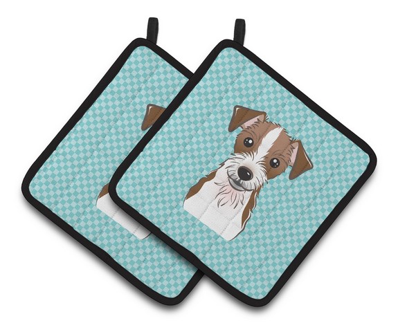 Picture of Carolines Treasures BB1140PTHD Checkerboard Blue Jack Russell Terrier Pair of Pot Holders, 7.5 x 3 x 7.5 in.