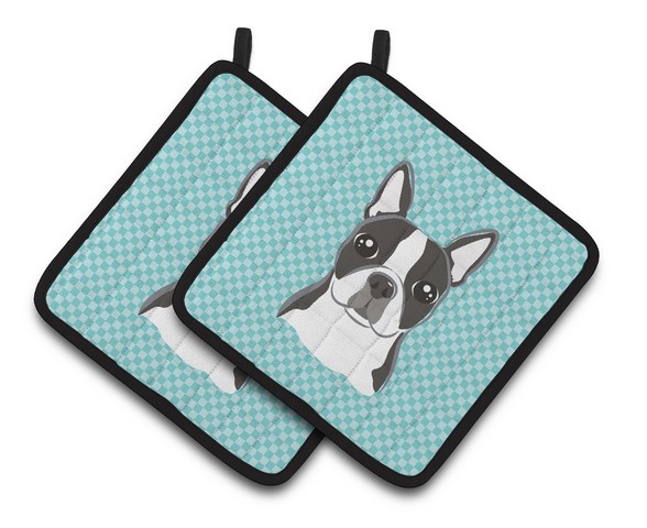 Picture of Carolines Treasures BB1141PTHD Checkerboard Blue Boston Terrier Pair of Pot Holders, 7.5 x 3 x 7.5 in.