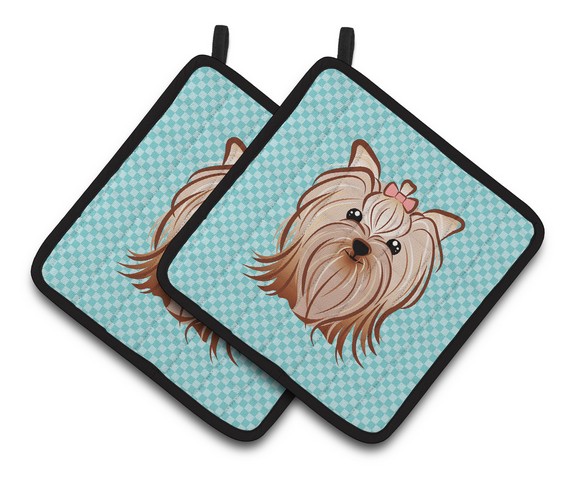 Picture of Carolines Treasures BB1142PTHD Checkerboard Blue Yorkie Yorkishire Terrier Pair of Pot Holders, 7.5 x 3 x 7.5 in.
