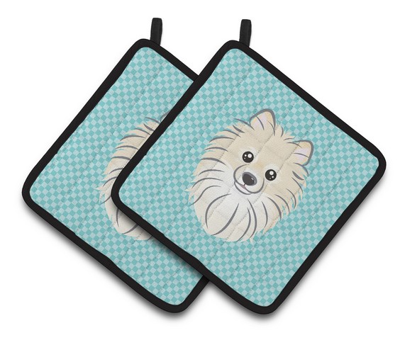 Picture of Carolines Treasures BB1145PTHD Checkerboard Blue Pomeranian Pair of Pot Holders, 7.5 x 3 x 7.5 in.