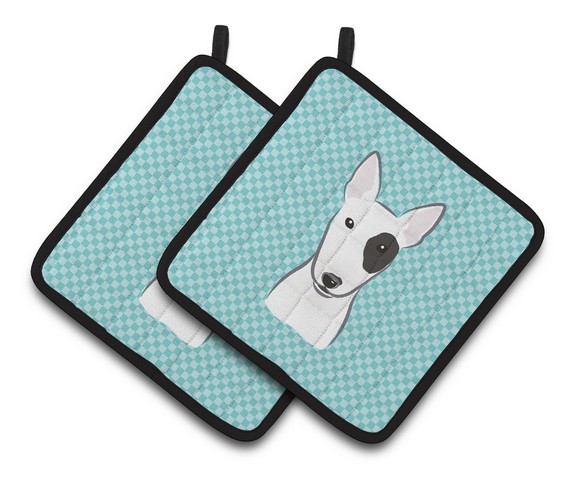 Picture of Carolines Treasures BB1147PTHD Checkerboard Blue Bull Terrier Pair of Pot Holders, 7.5 x 3 x 7.5 in.