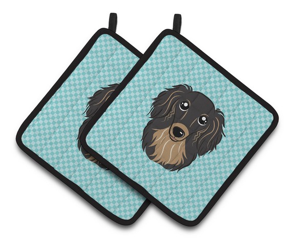 Picture of Carolines Treasures BB1151PTHD Checkerboard Blue Longhair Black & Tan Dachshund Pair of Pot Holders, 7.5 x 3 x 7.5 in.