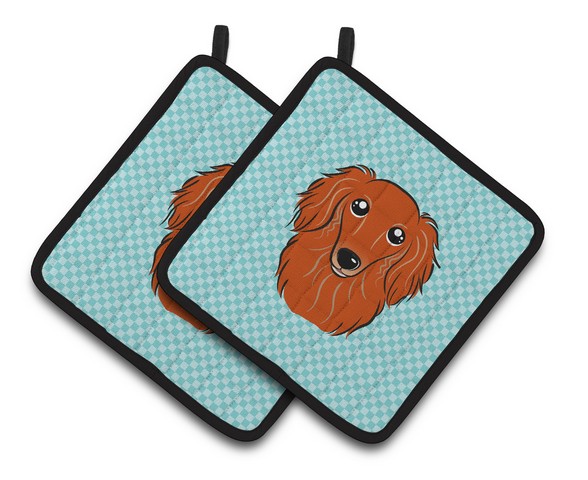 Picture of Carolines Treasures BB1152PTHD Checkerboard Blue Longhair Red Dachshund Pair of Pot Holders, 7.5 x 3 x 7.5 in.