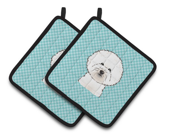Picture of Carolines Treasures BB1155PTHD Checkerboard Blue Bichon Frise Pair of Pot Holders, 7.5 x 3 x 7.5 in.
