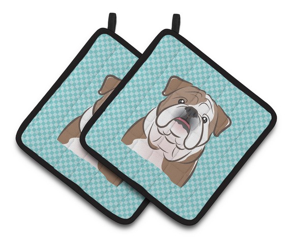 Picture of Carolines Treasures BB1157PTHD Checkerboard Blue English Bulldog Pair of Pot Holders, 7.5 x 3 x 7.5 in.