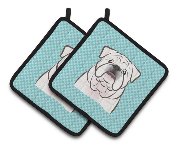 Picture of Carolines Treasures BB1158PTHD Checkerboard Blue White English Bulldog Pair of Pot Holders, 7.5 x 3 x 7.5 in.