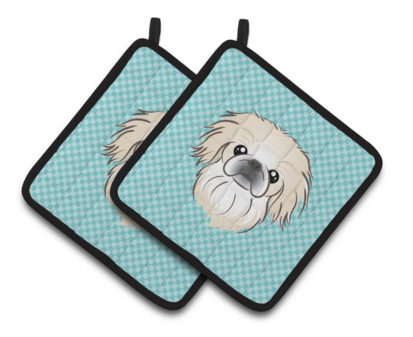 Picture of Carolines Treasures BB1159PTHD Checkerboard Blue Pekingese Pair of Pot Holders, 7.5 x 3 x 7.5 in.