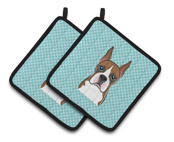 Picture of Carolines Treasures BB1161PTHD Checkerboard Blue Boxer Pair of Pot Holders, 7.5 x 3 x 7.5 in.