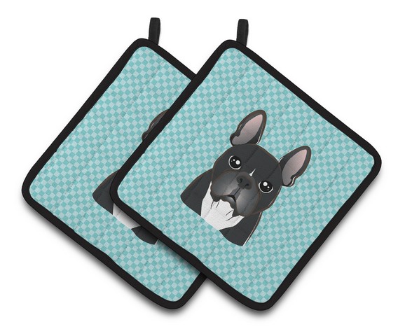 Picture of Carolines Treasures BB1165PTHD Checkerboard Blue French Bulldog Pair of Pot Holders, 7.5 x 3 x 7.5 in.
