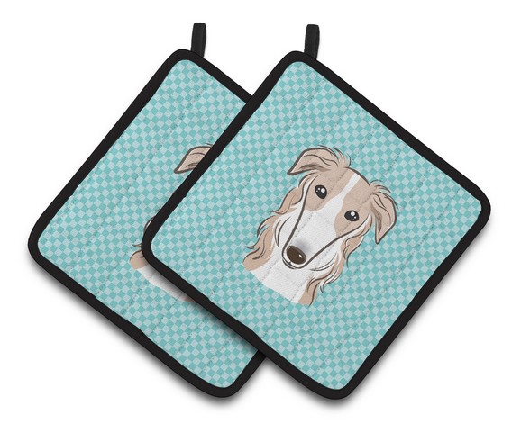 Picture of Carolines Treasures BB1166PTHD Checkerboard Blue Borzoi Pair of Pot Holders, 7.5 x 3 x 7.5 in.