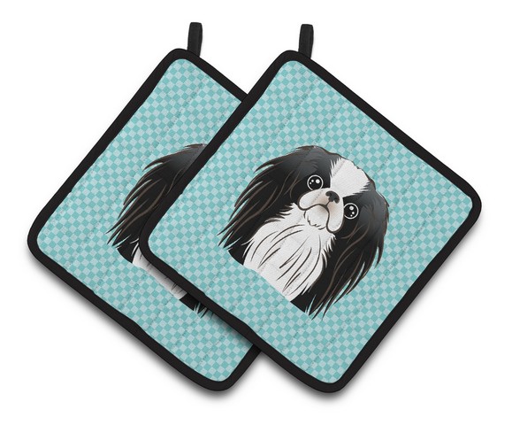 Picture of Carolines Treasures BB1168PTHD Checkerboard Blue Japanese Chin Pair of Pot Holders, 7.5 x 3 x 7.5 in.