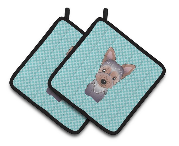 Picture of Carolines Treasures BB1170PTHD Checkerboard Blue Yorkie Puppy Pair of Pot Holders, 7.5 x 3 x 7.5 in.