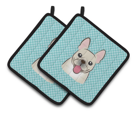 Picture of Carolines Treasures BB1176PTHD Checkerboard Blue French Bulldog Pair of Pot Holders, 7.5 x 3 x 7.5 in.
