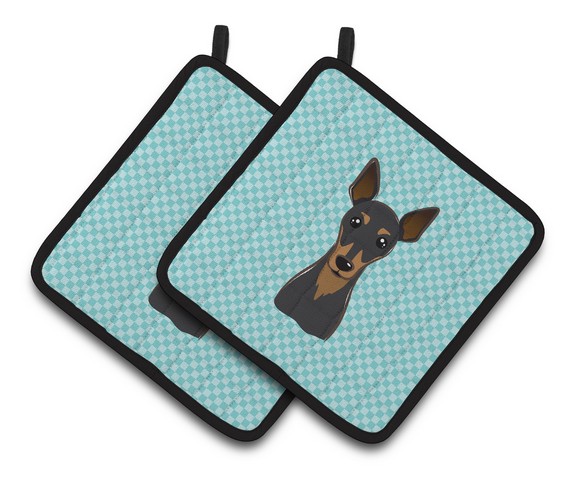 Picture of Carolines Treasures BB1178PTHD Checkerboard Blue Min Pin Pair of Pot Holders, 7.5 x 3 x 7.5 in.