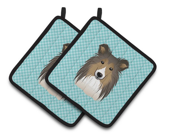 Picture of Carolines Treasures BB1180PTHD Checkerboard Blue Sheltie Pair of Pot Holders, 7.5 x 3 x 7.5 in.