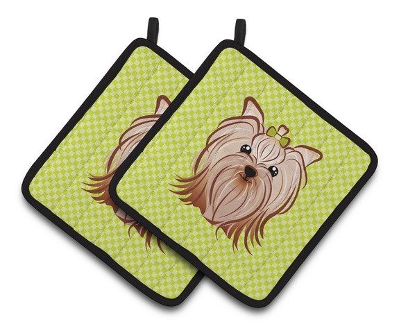 Picture of Carolines Treasures BB1266PTHD Checkerboard Lime Green Yorkie Yorkishire Terrier Pair of Pot Holders, 7.5 x 3 x 7.5 in.