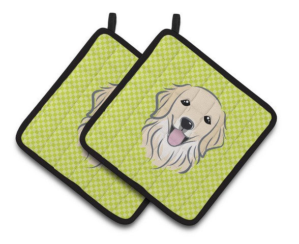 Picture of Carolines Treasures BB1267PTHD Checkerboard Lime Green Golden Retriever Pair of Pot Holders, 7.5 x 3 x 7.5 in.
