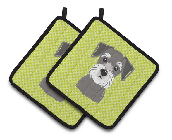 Picture of Carolines Treasures BB1268PTHD Checkerboard Lime Green Schnauzer Pair of Pot Holders, 7.5 x 3 x 7.5 in.