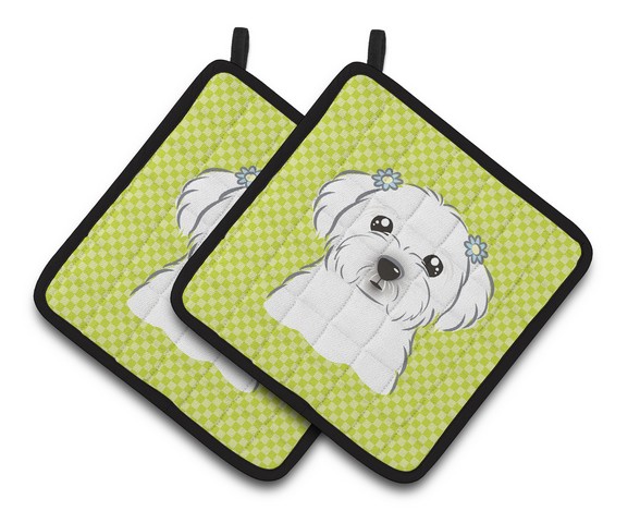 Picture of Carolines Treasures BB1270PTHD Checkerboard Lime Green Maltese Pair of Pot Holders, 7.5 x 3 x 7.5 in.