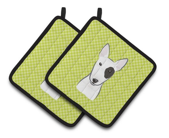 Picture of Carolines Treasures BB1271PTHD Checkerboard Lime Green Bull Terrier Pair of Pot Holders, 7.5 x 3 x 7.5 in.