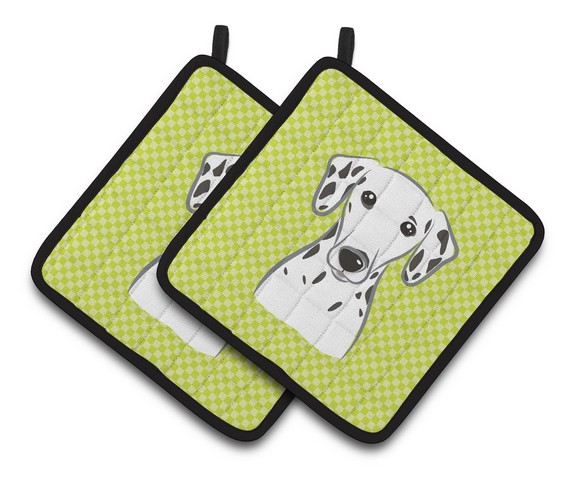 Picture of Carolines Treasures BB1272PTHD Checkerboard Lime Green Dalmatian Pair of Pot Holders, 7.5 x 3 x 7.5 in.