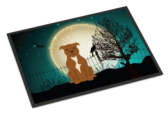 Picture of Carolines Treasures BB2237MAT Halloween Scary Staffordshire Bull Terrier Brown Indoor or Outdoor Mat, 18 x 0.25 x 27 in.