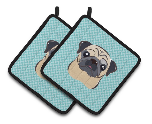 Picture of Carolines Treasures BB1200PTHD Checkerboard Blue Fawn Pug Pair of Pot Holders, 7.5 x 3 x 7.5 in.