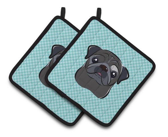 Picture of Carolines Treasures BB1201PTHD Checkerboard Blue Black Pug Pair of Pot Holders, 7.5 x 3 x 7.5 in.