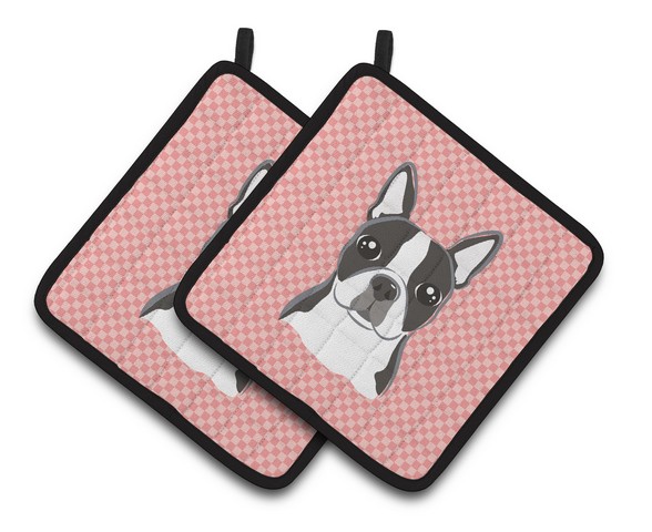 Picture of Carolines Treasures BB1203PTHD Checkerboard Pink Boston Terrier Pair of Pot Holders, 7.5 x 3 x 7.5 in.