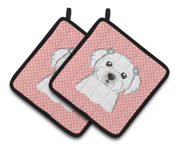Picture of Carolines Treasures BB1208PTHD Checkerboard Pink Maltese Pair of Pot Holders, 7.5 x 3 x 7.5 in.