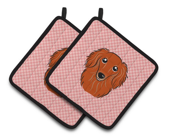 Picture of Carolines Treasures BB1214PTHD Checkerboard Pink Longhair Red Dachshund Pair of Pot Holders, 7.5 x 3 x 7.5 in.