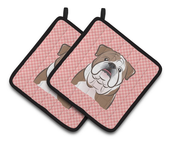 Picture of Carolines Treasures BB1219PTHD Checkerboard Pink English Bulldog Pair of Pot Holders, 7.5 x 3 x 7.5 in.