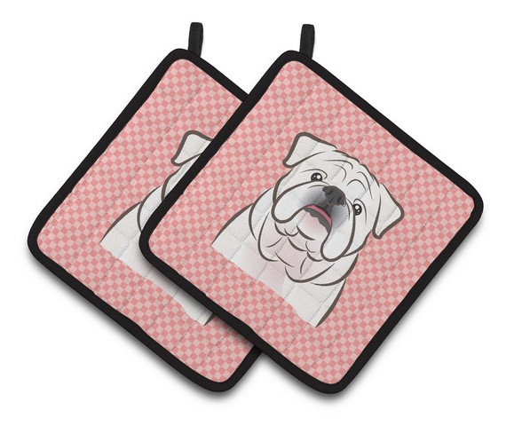 Picture of Carolines Treasures BB1220PTHD Checkerboard Pink White English Bulldog Pair of Pot Holders, 7.5 x 3 x 7.5 in.
