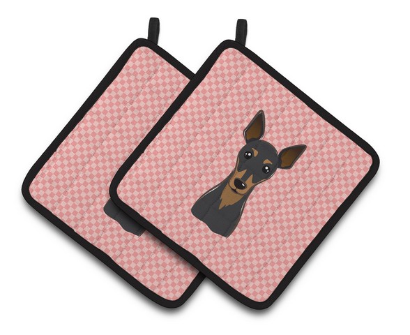 Picture of Carolines Treasures BB1240PTHD Checkerboard Pink Min Pin Pair of Pot Holders, 7.5 x 3 x 7.5 in.