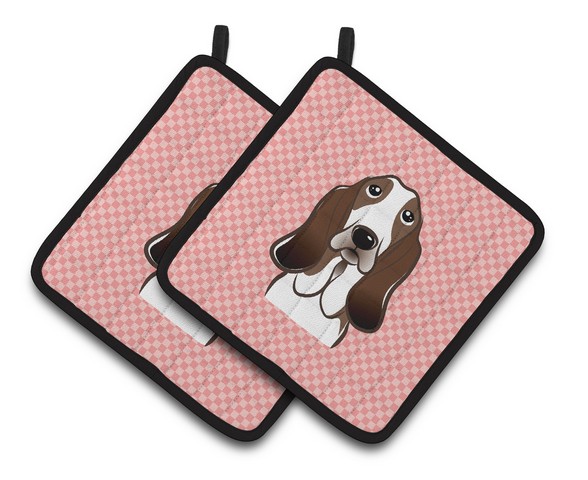 Picture of Carolines Treasures BB1243PTHD Checkerboard Pink Basset Hound Pair of Pot Holders, 7.5 x 3 x 7.5 in.