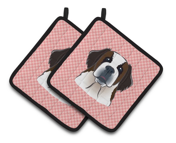 Picture of Carolines Treasures BB1246PTHD Checkerboard Pink Saint Bernard Pair of Pot Holders, 7.5 x 3 x 7.5 in.